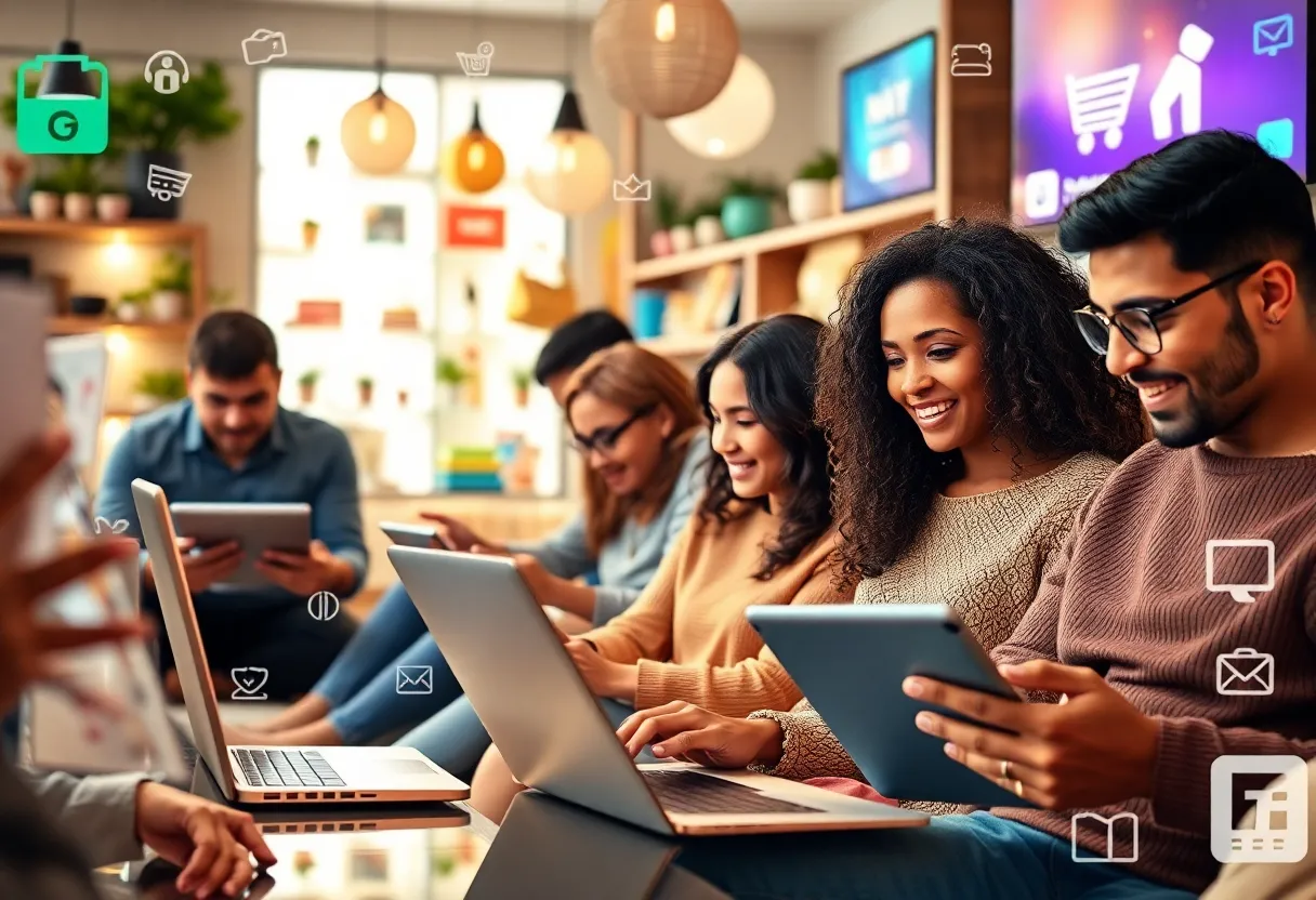 Diverse group of people shopping online in a modern environment