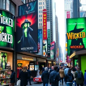A vibrant New York street bustling with Wicked movie promotions