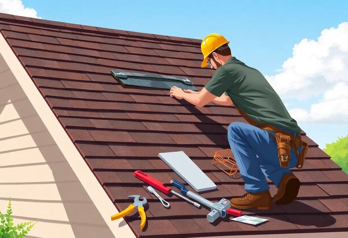 Homeowner doing DIY roofing techniques on a sunny day.