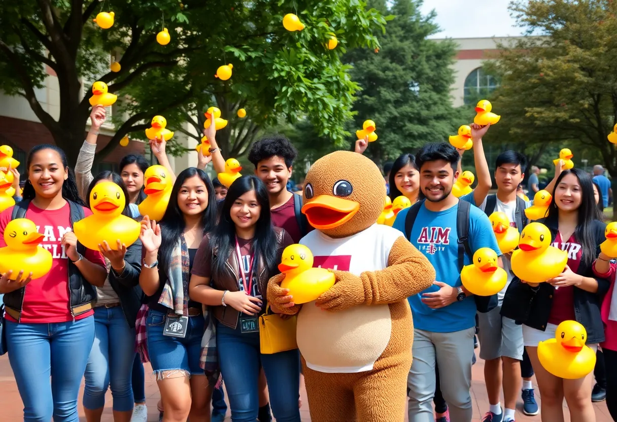 Celebration at Texas A&M International University with students and colorful rubber ducks