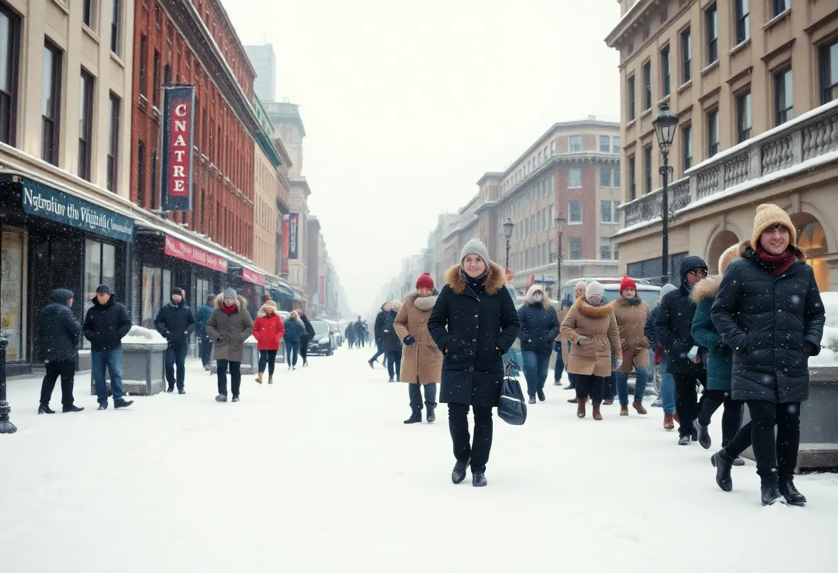 Winter scene depicting an Arctic blast with snow-covered streets and people in winter clothing.