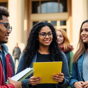 Diverse college students engaged in a discussion about campus safety.