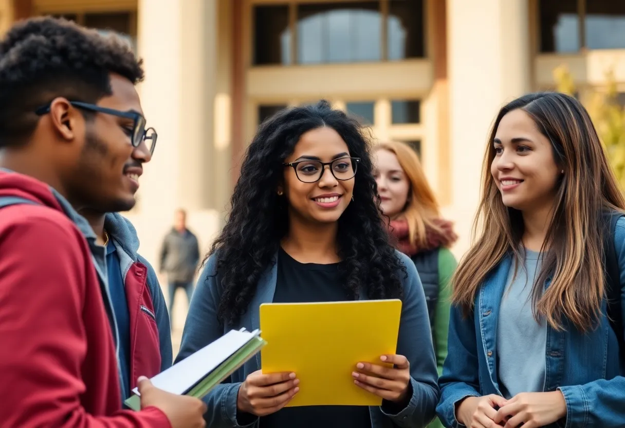Diverse college students engaged in a discussion about campus safety.