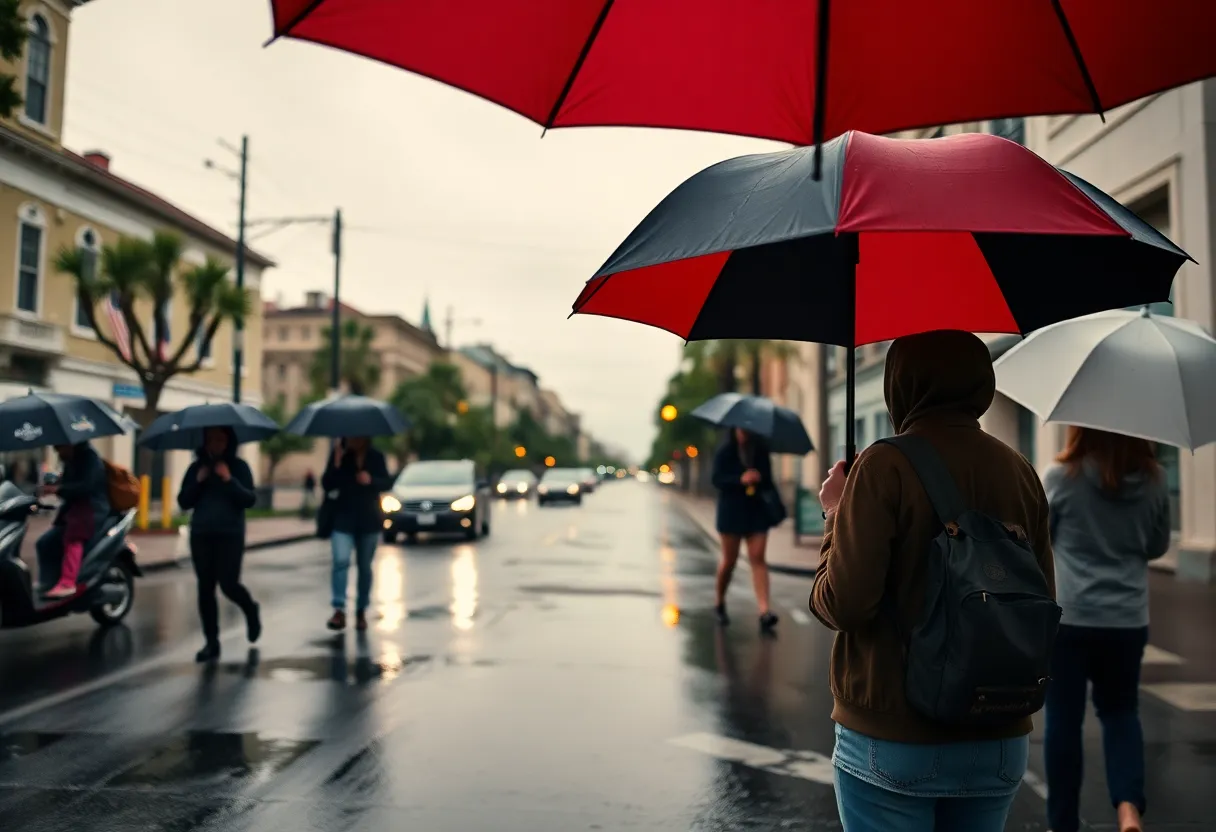 Rainy street in Charleston with people using umbrellas