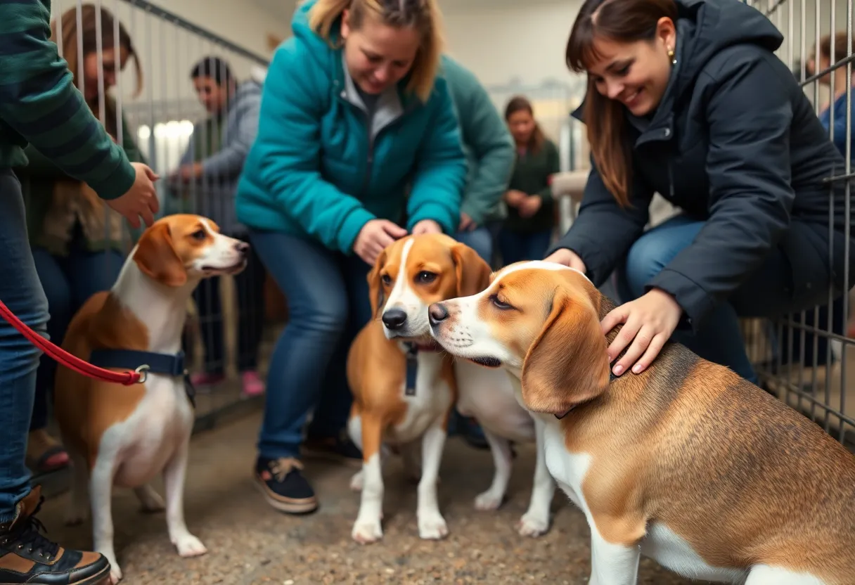 Community members interacting with beagles for adoption