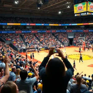 Columbus State University basketball teams competing during a game