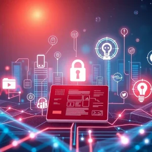Futuristic digital advertising landscape with privacy and AI elements