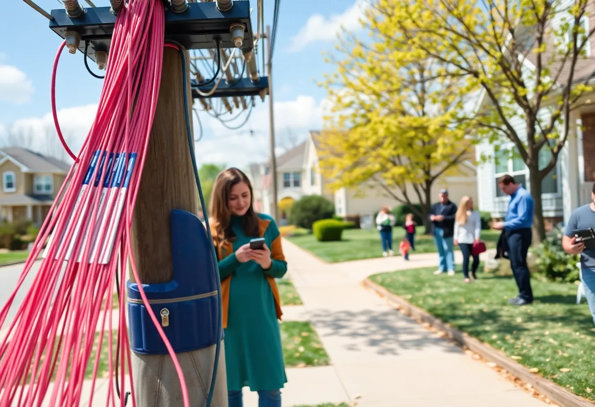 Installation of fiber-optic cables in a suburban neighborhood