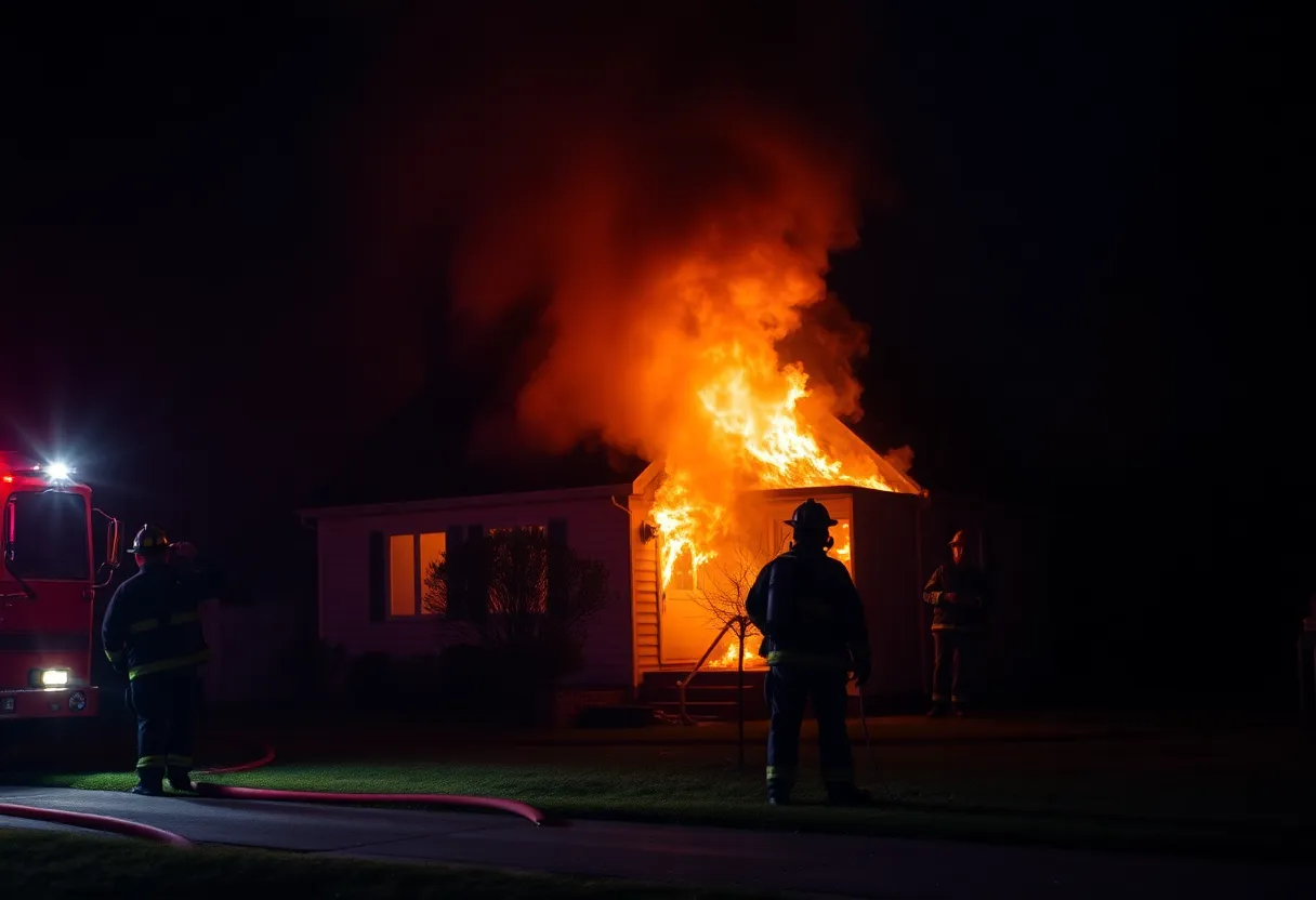 Firefighters battling a house fire in Seymour, smoke rising against the night sky.