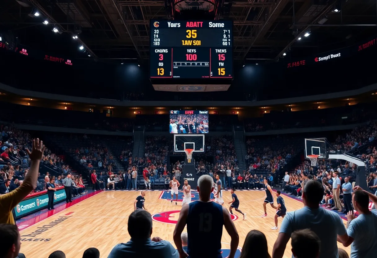 Florida State women's basketball team in action against North Carolina with fans in the background.