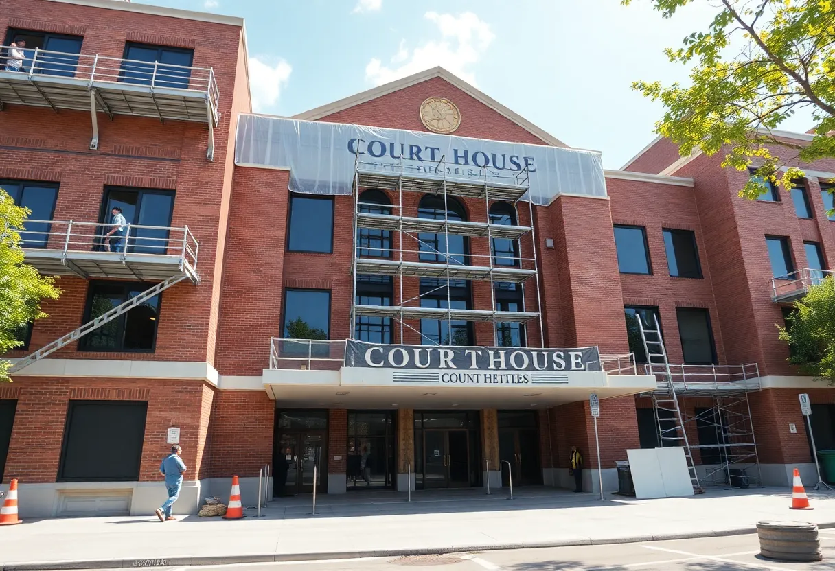 Renovation of Greenwood County Courthouse with construction workers.