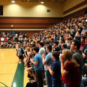 Crowd cheering in a high school basketball gym