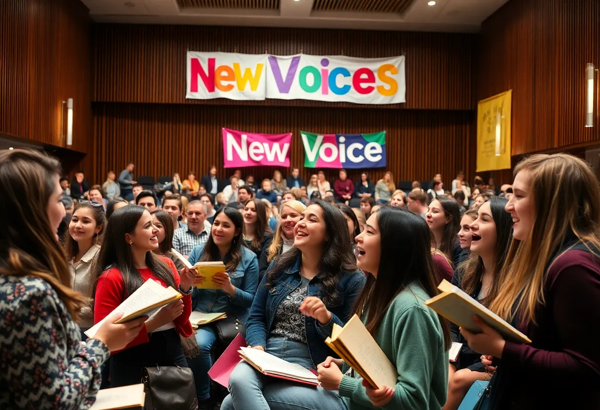 Students celebrating at the launch event of New Voices literary journal at Lander University.