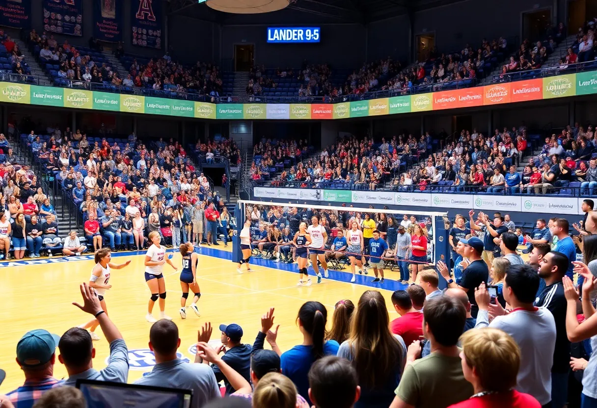 Lander University volleyball team playing in front of a record crowd
