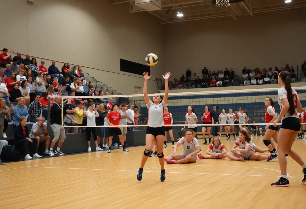Limestone University volleyball players in action during a match