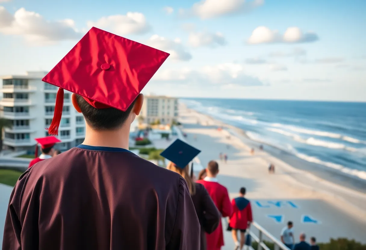 Graduates celebrating on Myrtle Beach with decorations