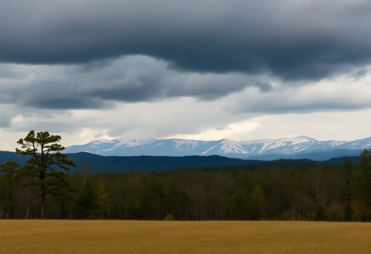 A rainy landscape in Upstate South Carolina with dark clouds and trees swaying in the wind.