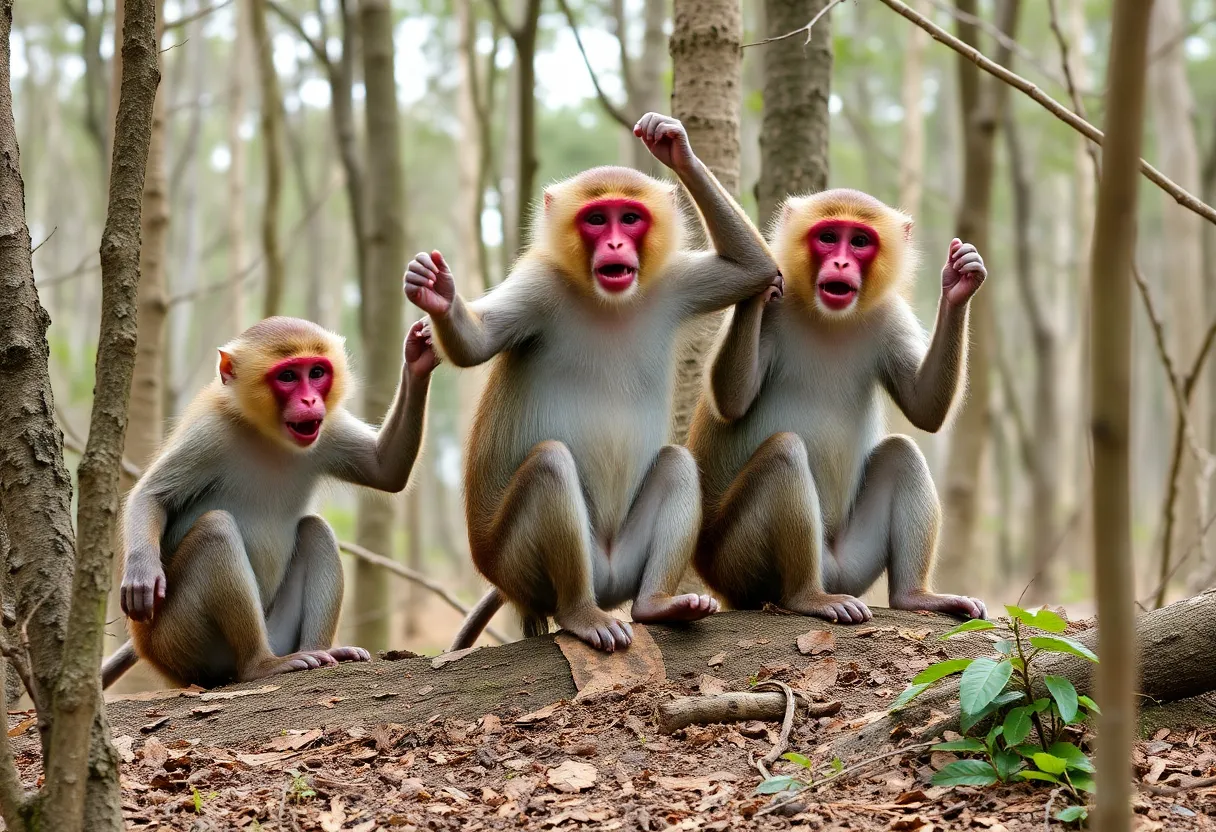 A group of rhesus macaque monkeys playing in the woods.