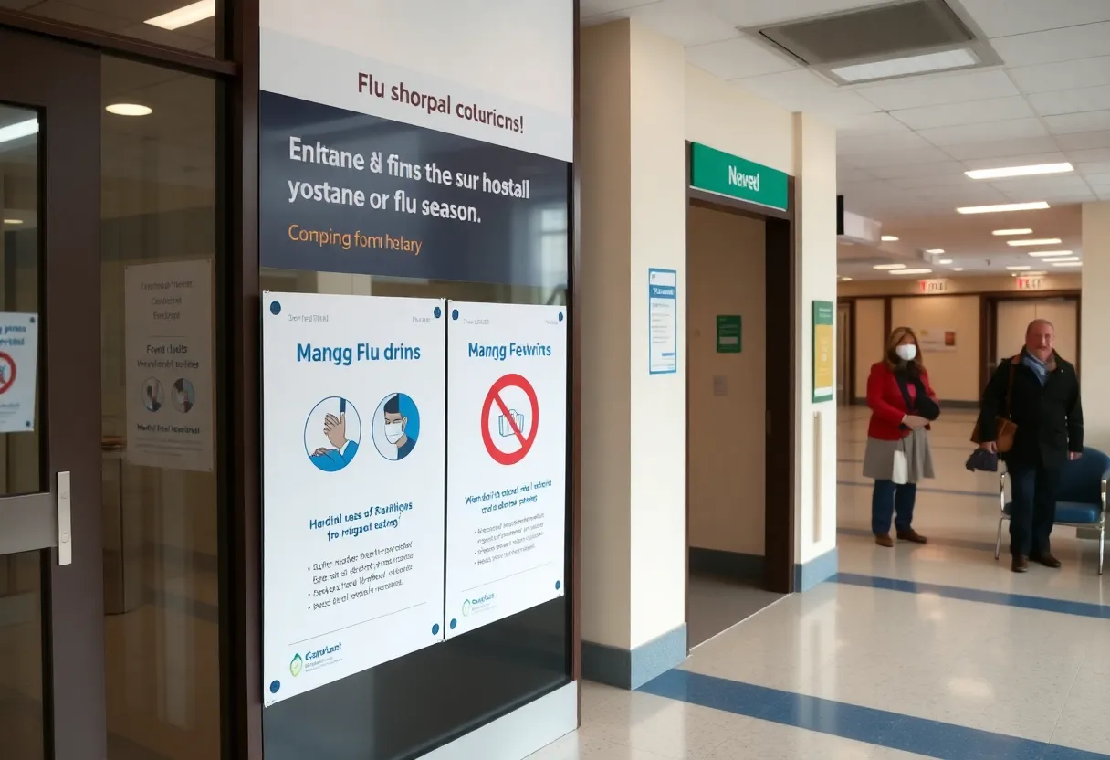 Hospital entrance highlighting flu precautions