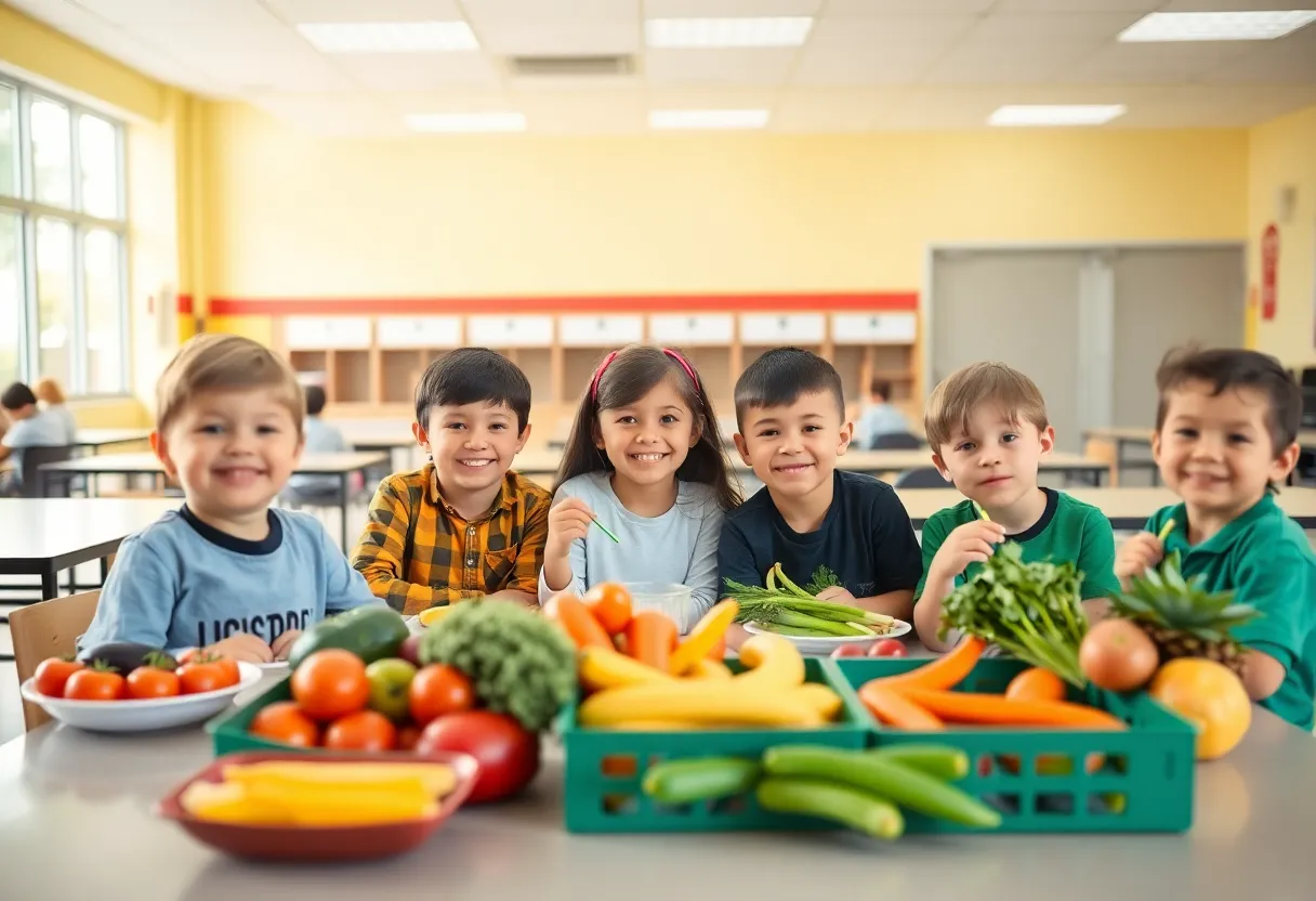 Children in a school cafeteria enjoying nutritious meals.
