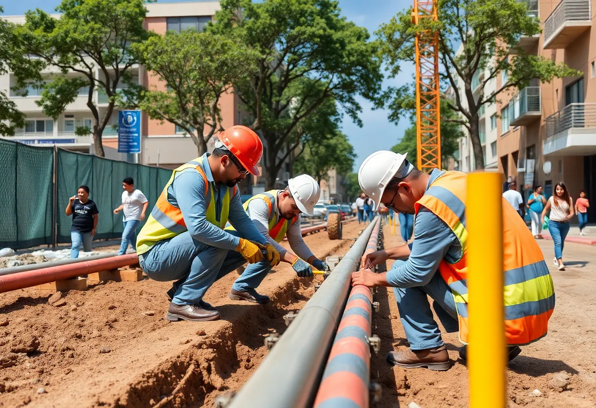 Workers laying down new water pipes in Uptown Greenwood South Carolina