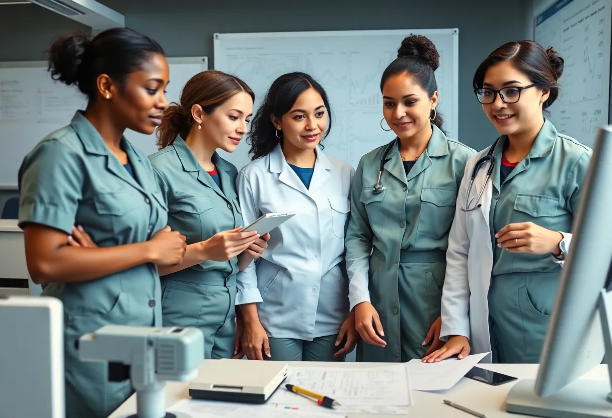Women in military uniforms conducting health research