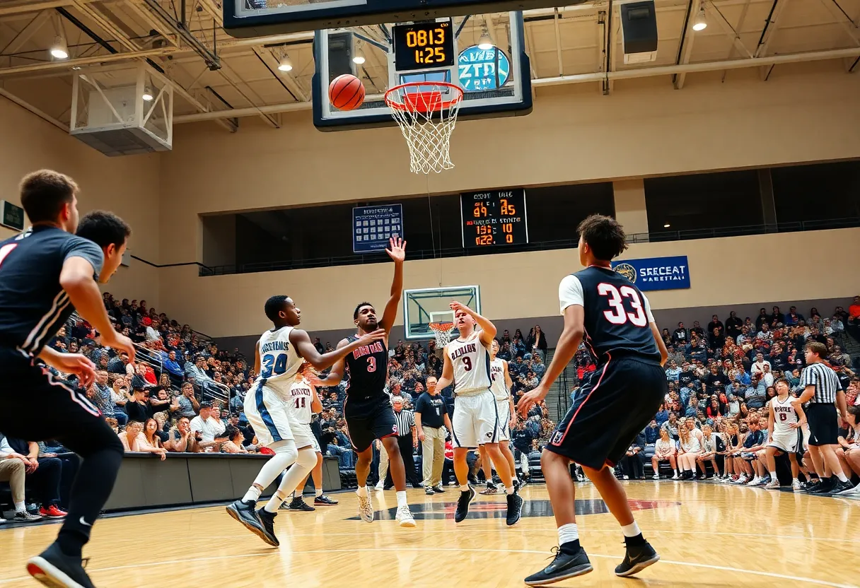 Augusta Jaguars basketball team celebrating victory over Lander University