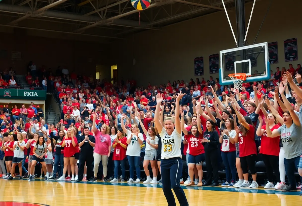 Fans cheering at a women's basketball game with banners.