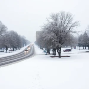Snow covering trees and roads in Columbia South Carolina