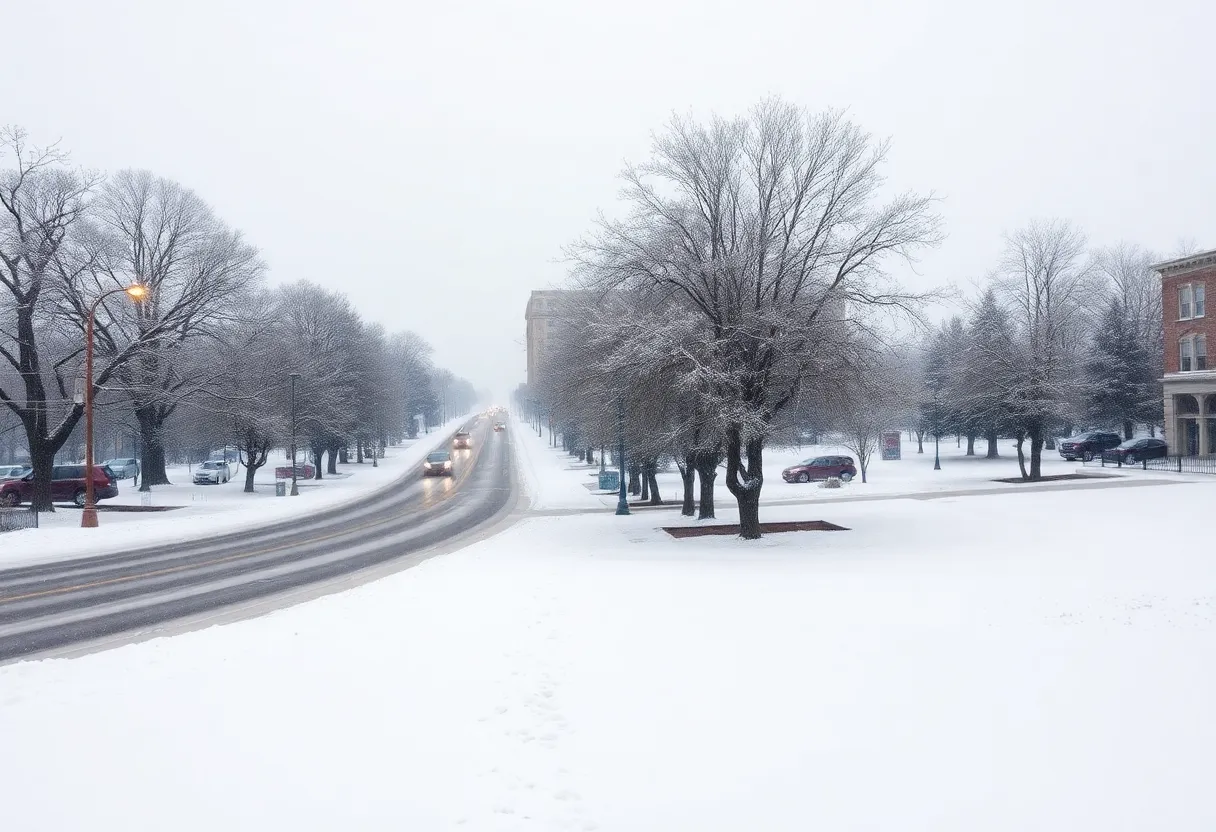 Snow covering trees and roads in Columbia South Carolina