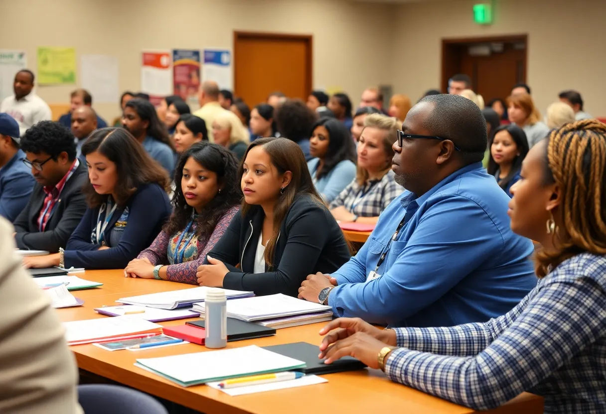 Community members discussing at a school board meeting