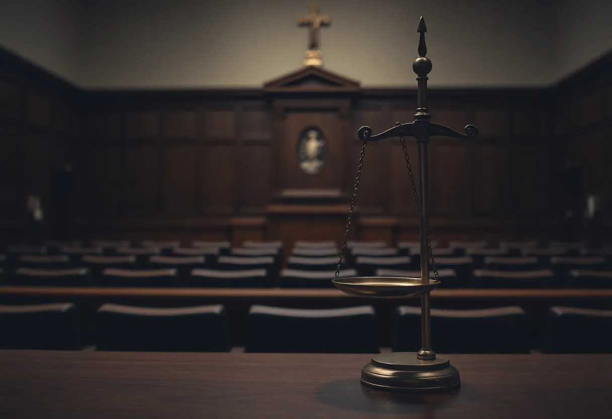 A courtroom scene symbolizing the justice system