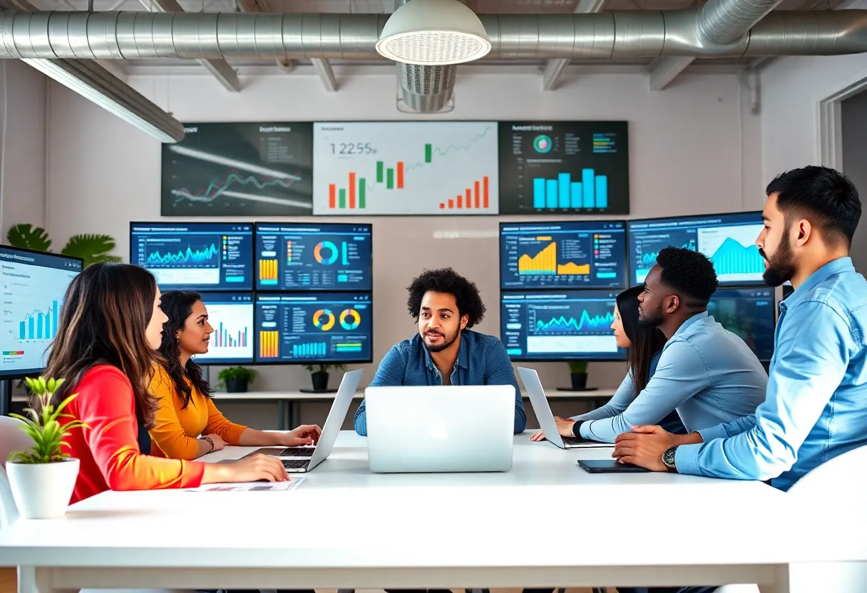 A diverse team collaborating on data-driven marketing strategies in a digital workspace.