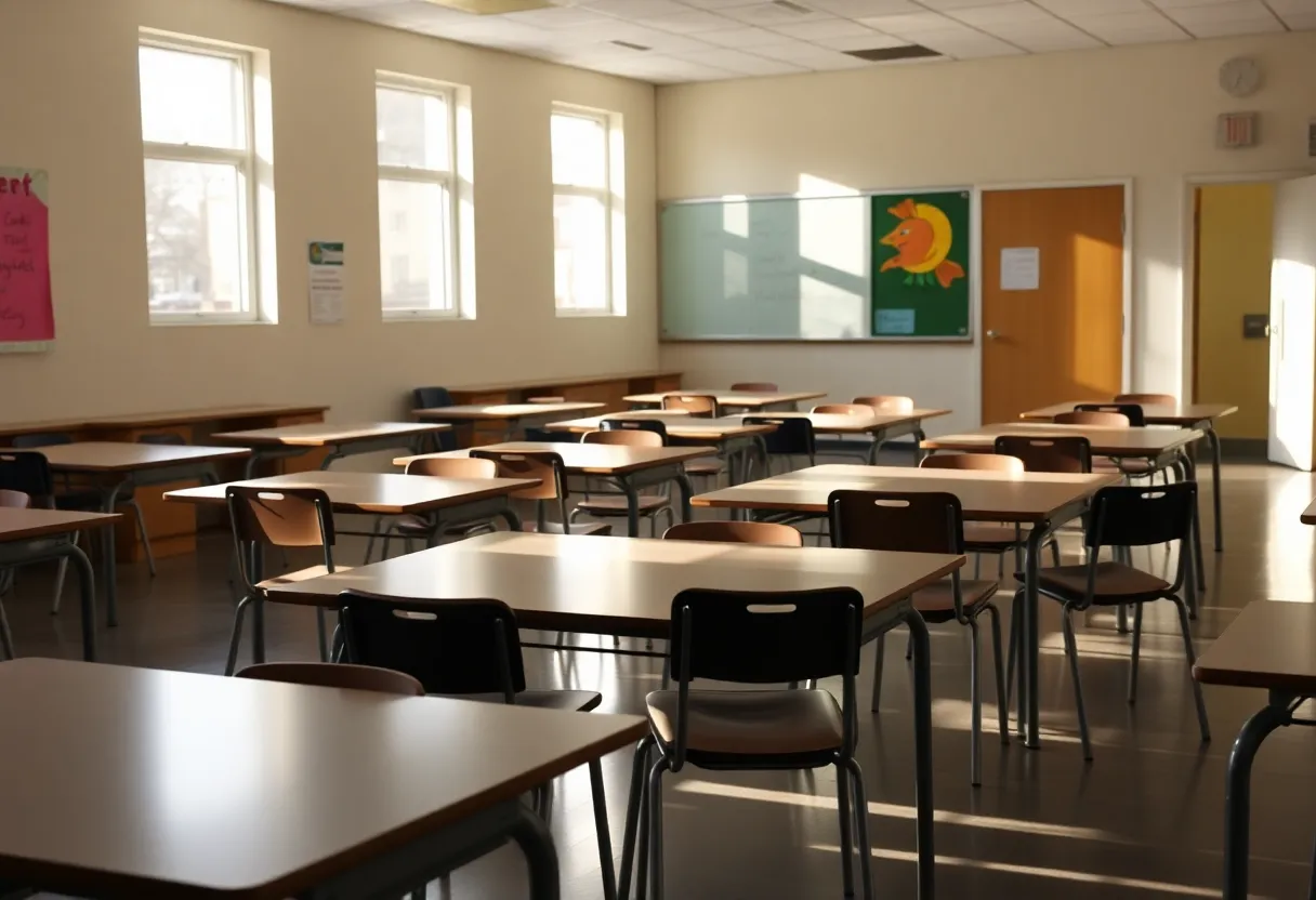 Classroom interior of a charter school with empty desks.