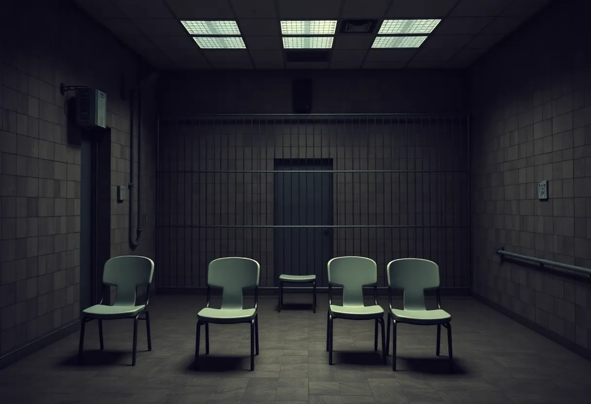 Execution chamber with empty chairs and bulletproof glass