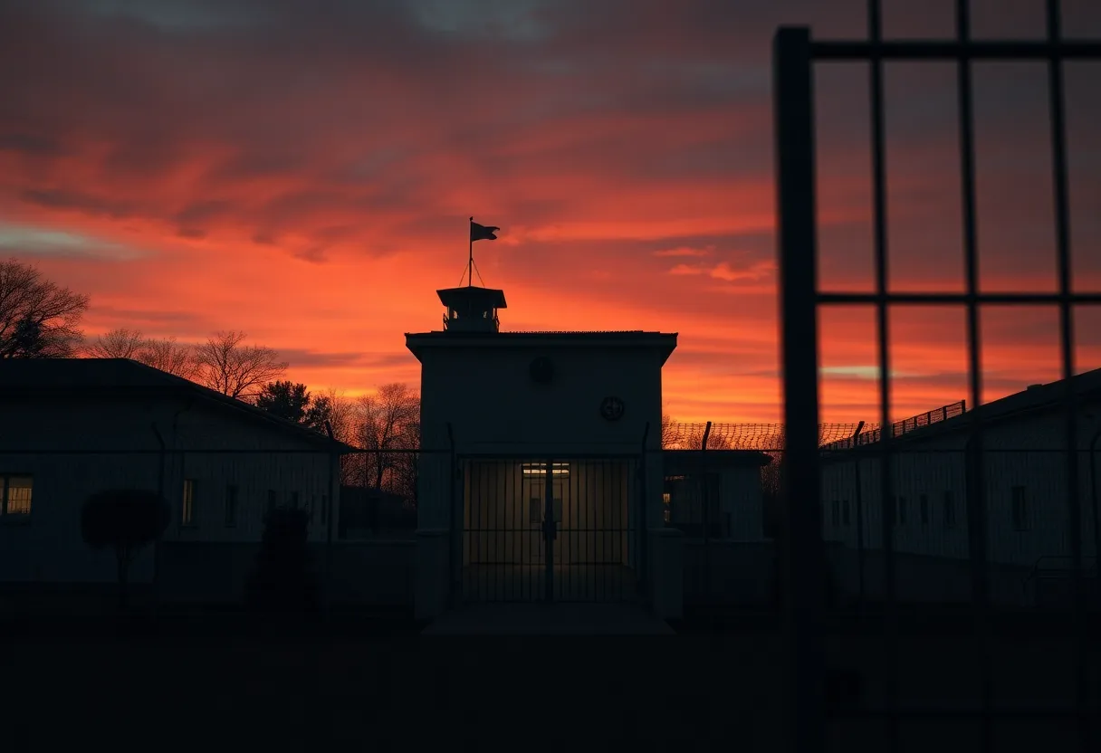 Exterior of a prison with an empty execution chamber at sunset