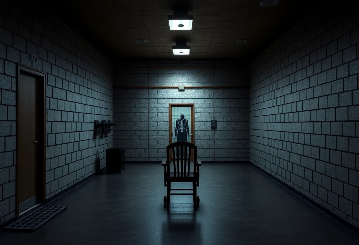 Execution chamber with a chair and target for firing squad execution