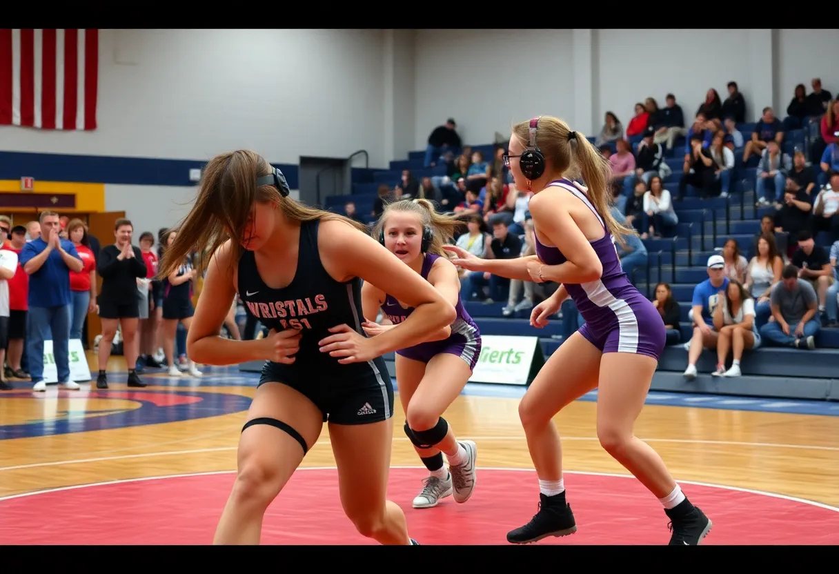 Two female wrestlers competing during the championship match.
