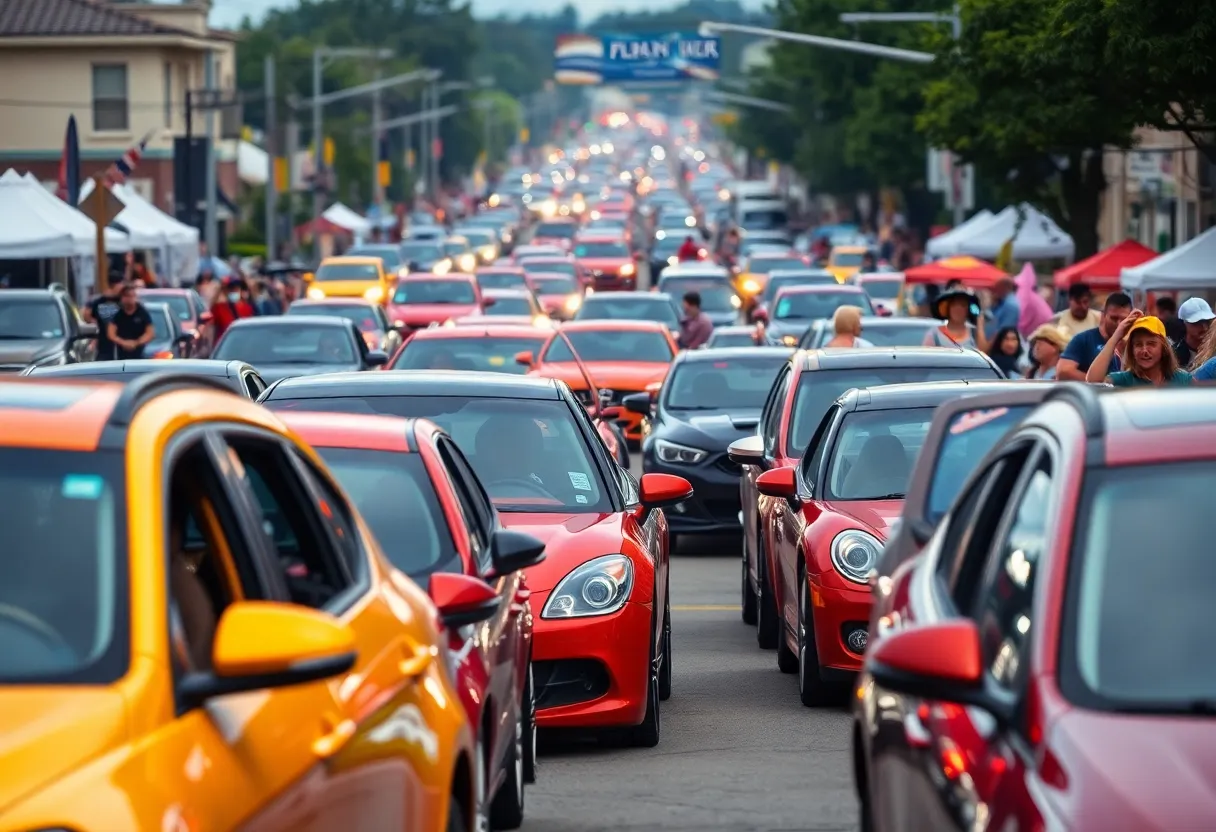 Street takeover event in Greenville with many cars and chaotic atmosphere