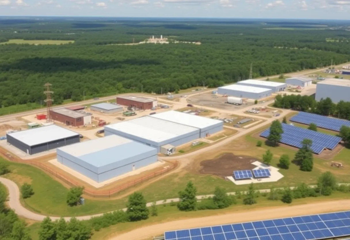 A scenic view of Greenwood County's industrial area with construction and solar energy.
