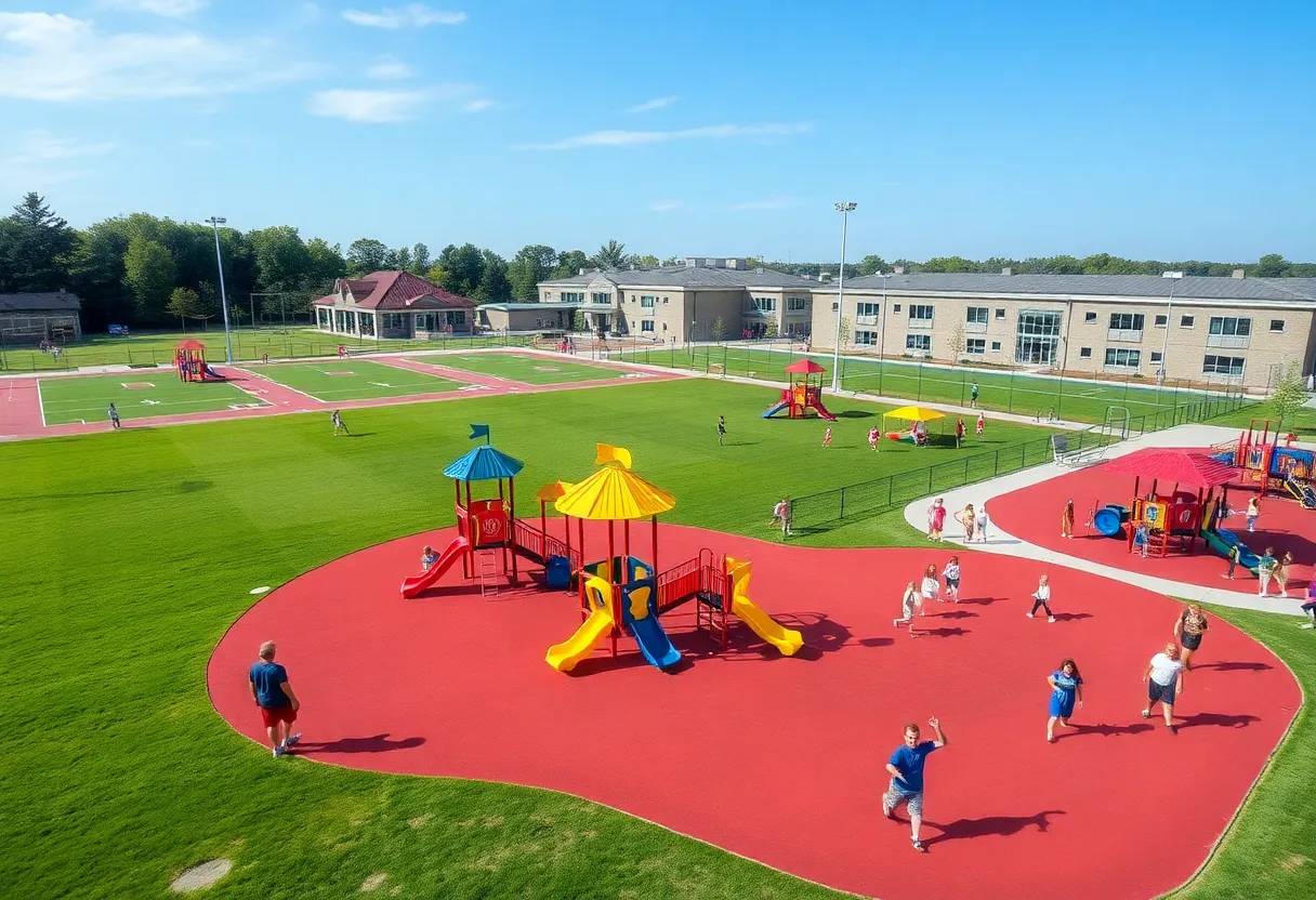 Renovated Greenwood County Recreation Complex with families in the playground