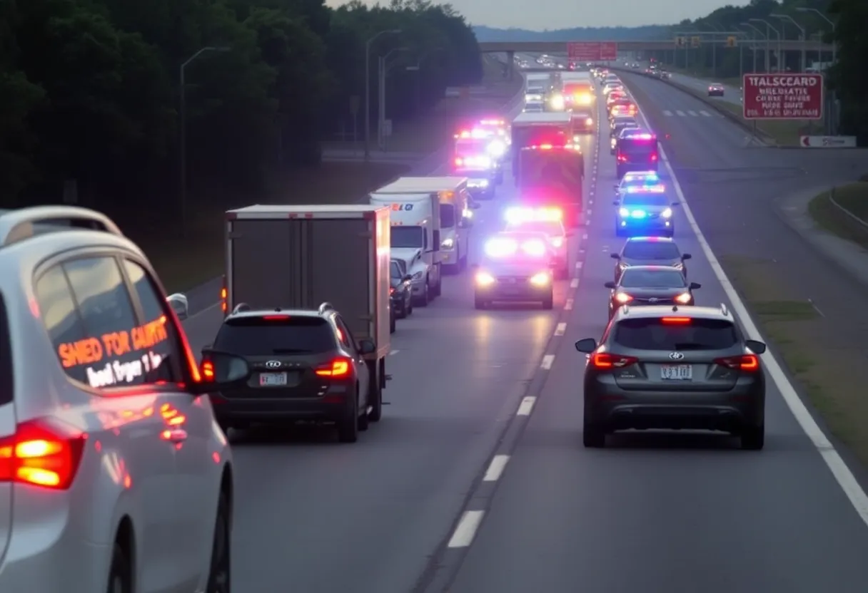 Traffic jam on I-85 with emergency services present
