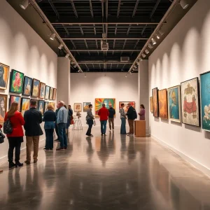 People attending Lander University art exhibit, admiring diverse artworks.
