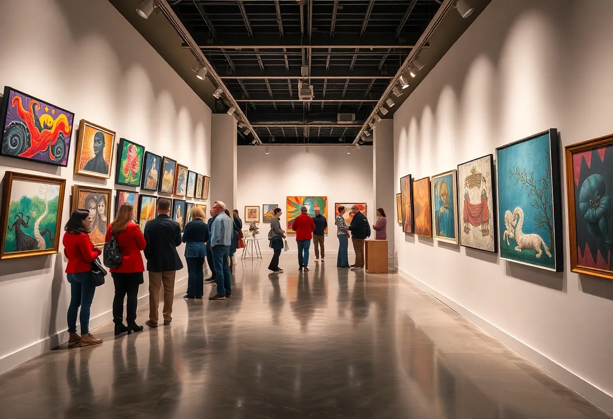 People attending Lander University art exhibit, admiring diverse artworks.