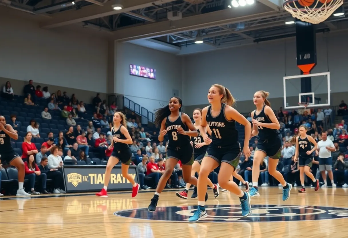 Women’s basketball players in action during a Lander University vs. Augusta game