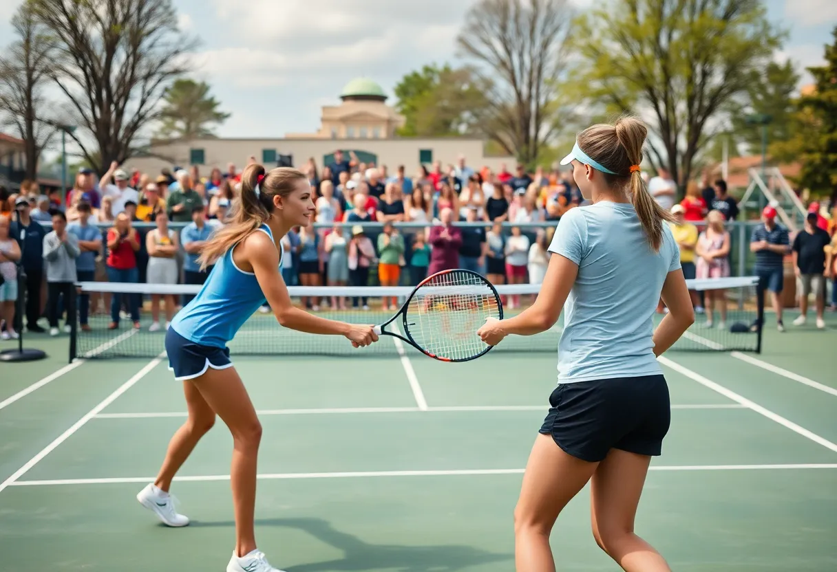 Lander University women's tennis team playing a match on home court.