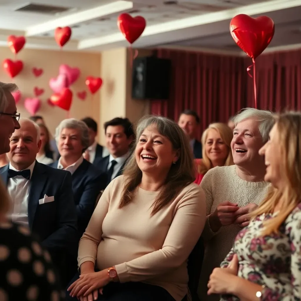 Audience enjoying a comedy show at the Love and Laughs event in Greenwood with Valentine's decorations