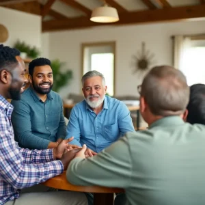 Men participating in a mental health support group meeting