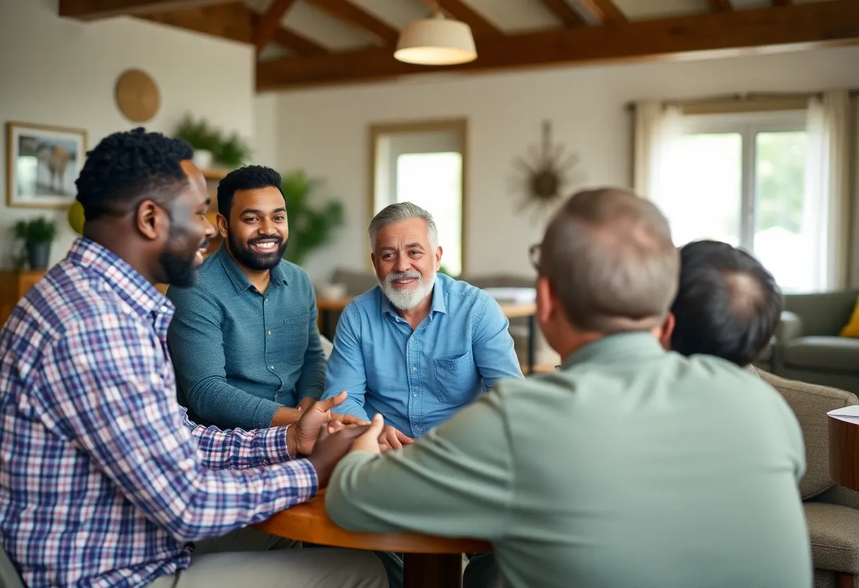 Men participating in a mental health support group meeting