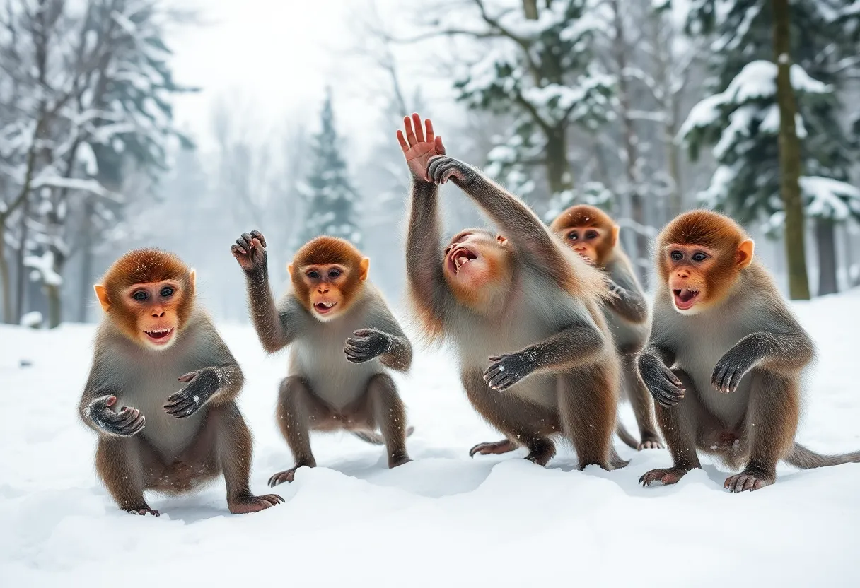 Monkeys playing in snow in Charleston